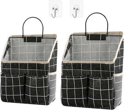 2pcs Wall Hanging Storage Bag,Wall Hanging Organizer Bags with Pockets, Wall Organizer Storage for Dormitory Bathroom Bedroom Kitchen(Black Grid)