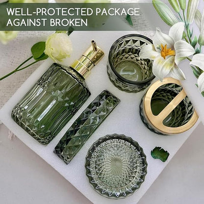 Green Bathroom Accessories Set, 5 Pcs Vintage Diamond Clear Glass Bathroom Set Include Lotion Soap Dispenser, Soap Dish, Toothbrush Holder, Tumbler, Cotton Swab Jar for Modern Bath Countertop Decor