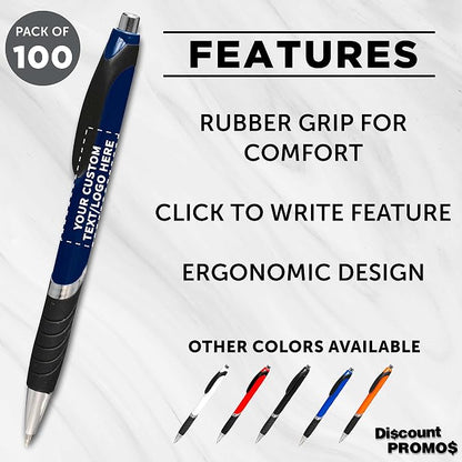 DISCOUNT PROMOS Ballpoint Pens With Rubber Grip - 100 pack - Customizable Text, Logo - Black Ink Ball Point Pen with Soft Touch Plastic - Navy Blue