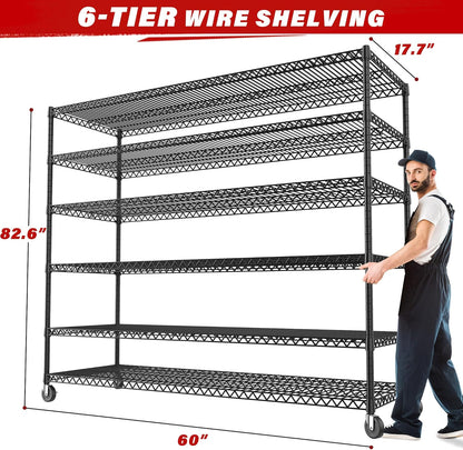 REIBII 60''W X 82.6" H Steel Heavy Duty Wire Shelving Unit with Wheels, 6-Tier Adjustable Storage Shelves 3598LBS Commercial Metal Shelves for Pantry, Garage, College Dorm School Industrial Shelving