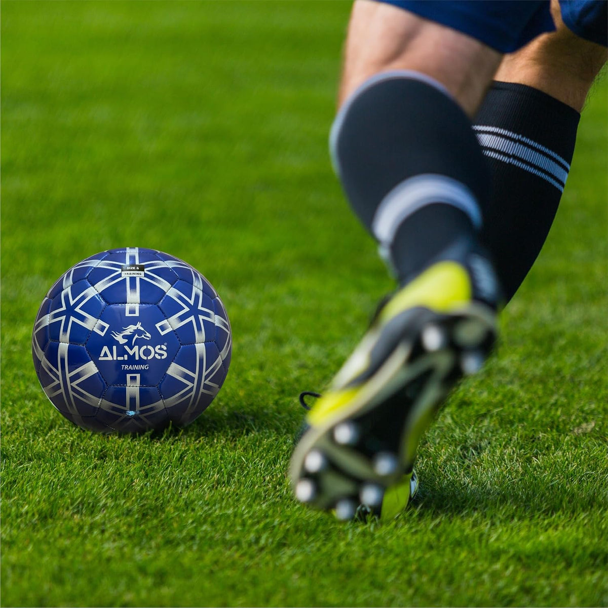 Almos Training Soccer Ball – for Club Match, Training, Match Performance, Indoor & Outdoor Soccer, Suitable for Grass & Astro | PVC Soccer Ball | Size 4 & Size 5 for Adult Soccer Players, Blue |