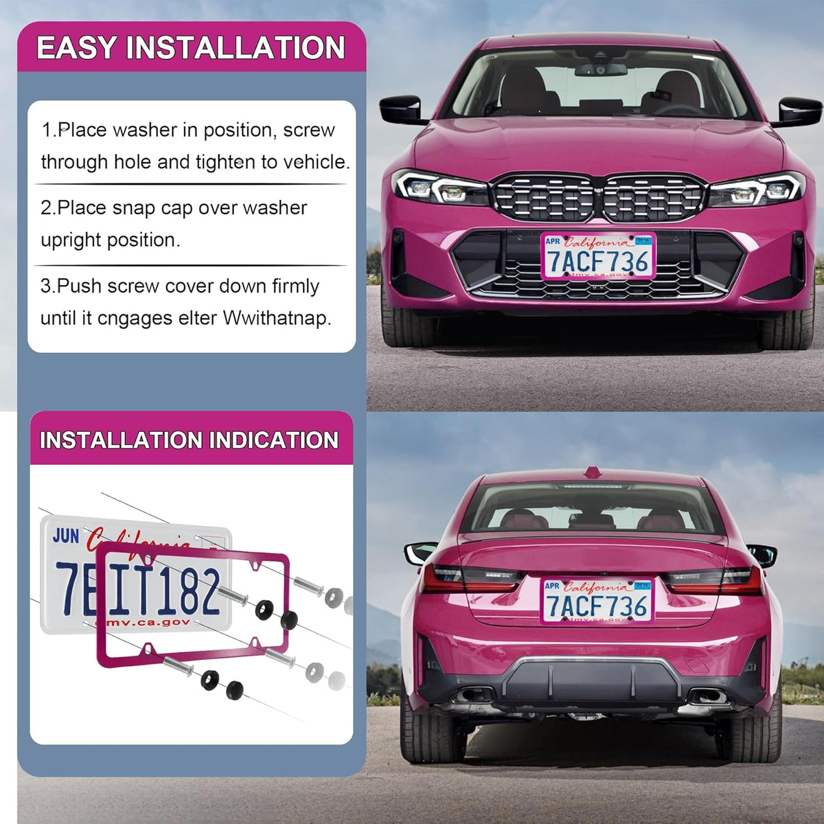 LivTee 4 Holes Stainless Steel License Plate Frames, 2 PCS Car Licence Plate Covers, Automotive Exterior Accessories Slim Design with Bolts Washer Caps for US Vehicles, Hot Pink