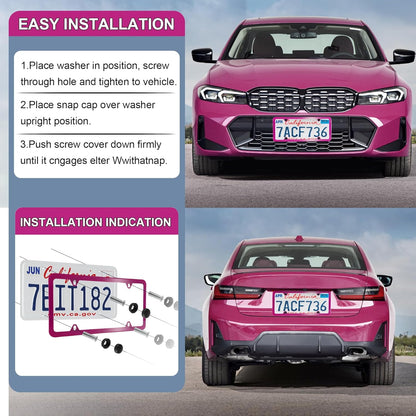 LivTee 4 Holes Stainless Steel License Plate Frames, 2 PCS Car Licence Plate Covers, Automotive Exterior Accessories Slim Design with Bolts Washer Caps for US Vehicles, Hot Pink