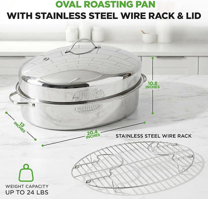 NutriChef 20" Oval Roasting Pan with Rack and Lid - Premium Stainless Steel Roaster Dish w/ Wide Handles & Removable Rack, Multi-Use Cookware for Turkey, Chicken, Stews, & More - Dishwasher Safe