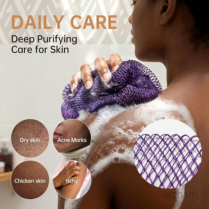 ARCH&M African Exfoliating Net Sponge Authentic, 53" Extra-Long Loofah | Quick-Dry Mesh Body Scrubber, Smoother Skin, Women and Men Daily Use, Gentle for Sensitive Skin, Travel Spa Gifts