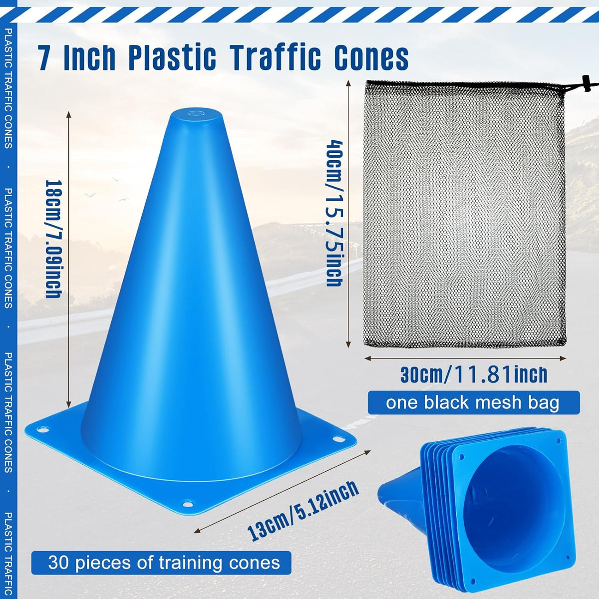 Syhood 30 Pack 7 Inch Plastic Traffic Cones Sports Training Agility Marker Mini Cones for Soccer, Skating, Football, Basketball, Indoor and Outdoor Games Sports Practice Equipment