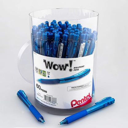 Pentel WOW! Ballpoint Pen, (1.0mm) Medium Line, Blue Ink 60 Count, Canister (BK440PC60C) (Pack of 3)