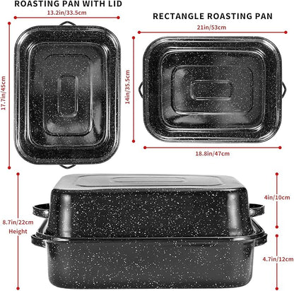 QPMR Roasting Pan with Rack, 21” Rectangular Granite Roaster Pan, 25lb Capacity, Large Roaster Pot for Baking Turkey with Versatile Lid