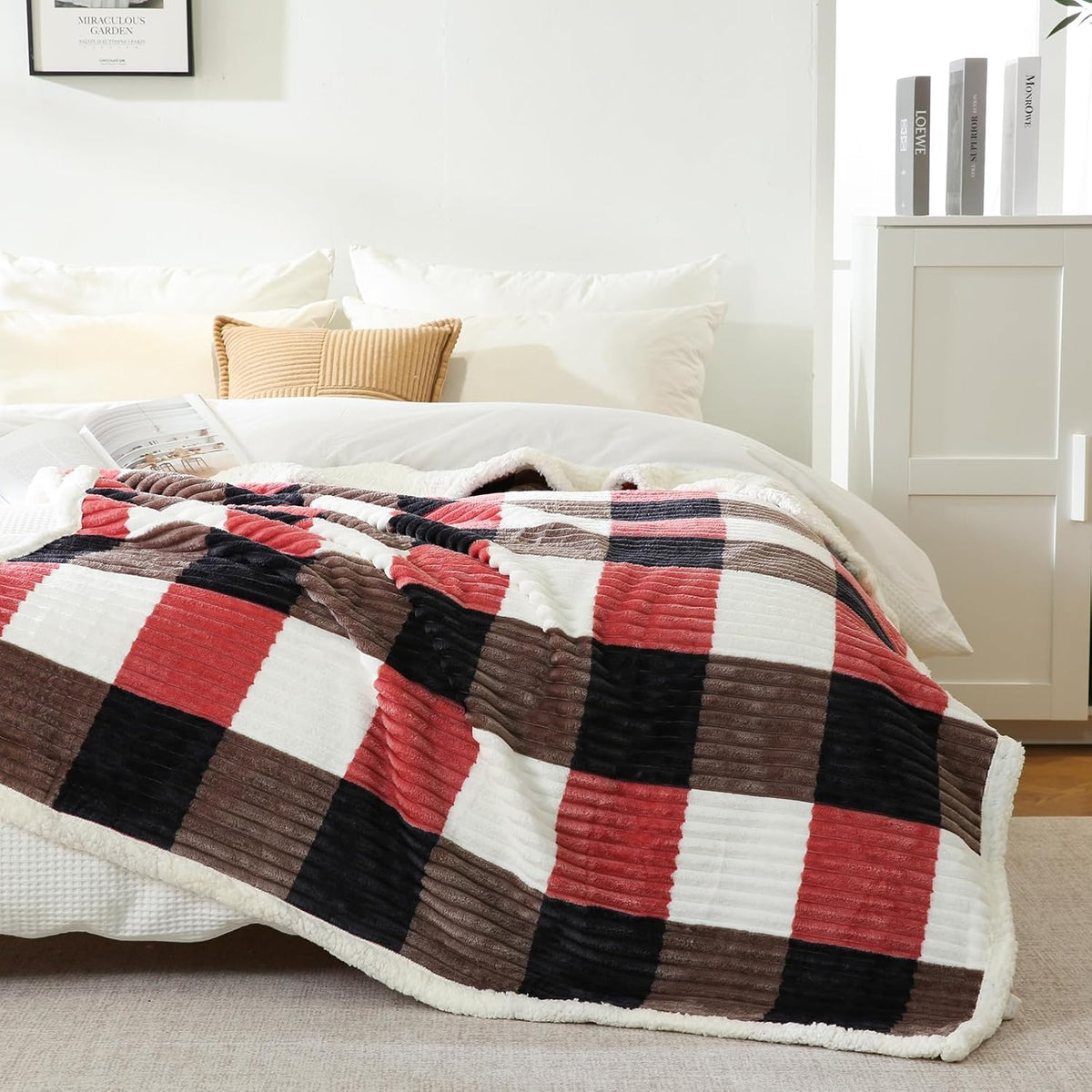 PU MEI Sherpa Blanket Twin Plaid Thick Bed Blanket, 80”*90”Super Soft Flannel Fuzzy Fleece Reversible Velvet Plush Warm Blanket for Couch (Black Red Check)