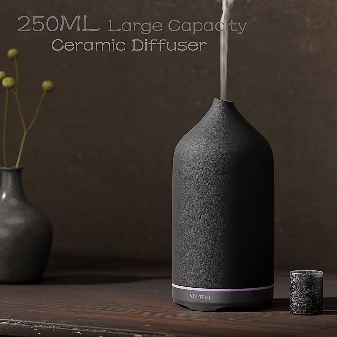 VIVITEST Diffusers for Essential Oils,Stone Oil Diffuser,Ceramic Essential Oil Diffusers Black for Home (250ML)