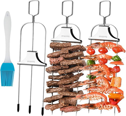 3PCS Grilling Savant 3 Way Skewers,14 Inch Metal Skewers for Grilling,Easy to Use Push Bar Slider, BBQ Accessory, Perfect for Meat,Veggies,Fruits,Marshmallow Roasting Sticks Grill Kabob Skewer.