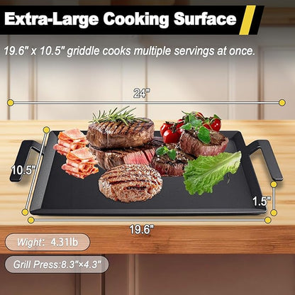 Carbon Steel Griddle for Gas Grill, 19.6" x 10.5" Double Burner Griddle Comes with Grill Press, Griddle Pan for Stove Top, Versatile Stovetop Oven, Induction Cooktop, Flat Top Plate for Charbroil Etc