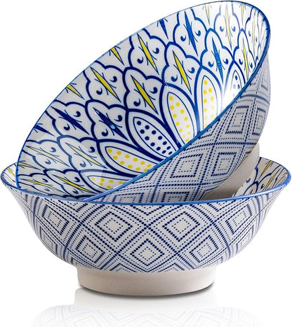 Ceramic Serving Bowls 8 Inch Set of 2, Large Bowls for Pasta Soup Fruit Ramen Cereal, Dinner, Salad, Oatmeal, Microwave & Dishware Safe, Colorful Bohemian Style