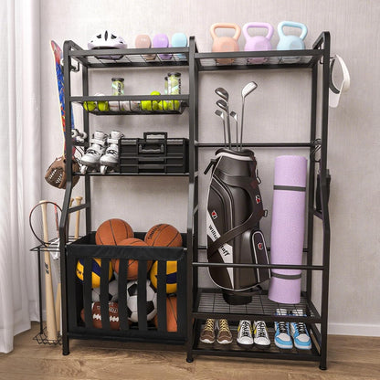 Garage Sports Equipment Organizer, Golf Bag Storage Rack, Heavy Duty Ball Holder with Basket & Hooks, Indoor/Outdoor Basketball Storage Bins for Toy Sports Gear Storage