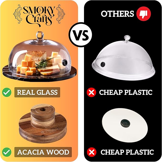 Food and Drink Smoker Kit with Smoke Gun, 8" Smoking Cloche Glass Dome, Acacia Cocktail Smoke Top and Wood Chips (Apple & Cherry) - Whiskey Smoker Kit - Gifts for Men