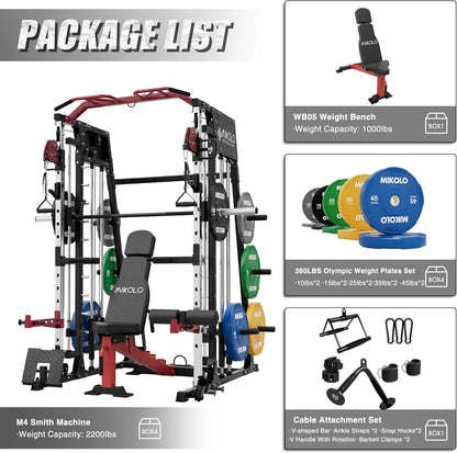 Mikolo Smith Machine, 2200lbs Squat Rack with LAT-Pull Down System & Cable Crossover Machine, Training Equipment with Leg Hold-Down Attachment