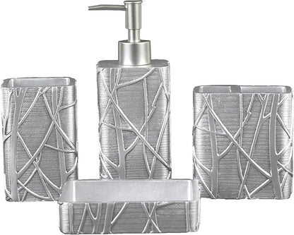 Hymmah Silver Bathroom Accessories Set,Toothbrush Holder,Farmhouse Bathroom Decor,4 Pcs Resin Gift Set Apartment Necessities, Contain Toothbrush Cup,Soap Dispenser,Soap Dish,Tumbler