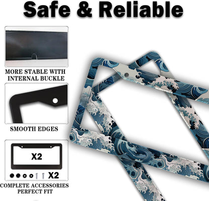 License Plate Frames for Men Multicolor License Plate Frame Holder for Women Ocean Waves Aluminum Metal Car Accessory 2 Pack with Screw Covers Set