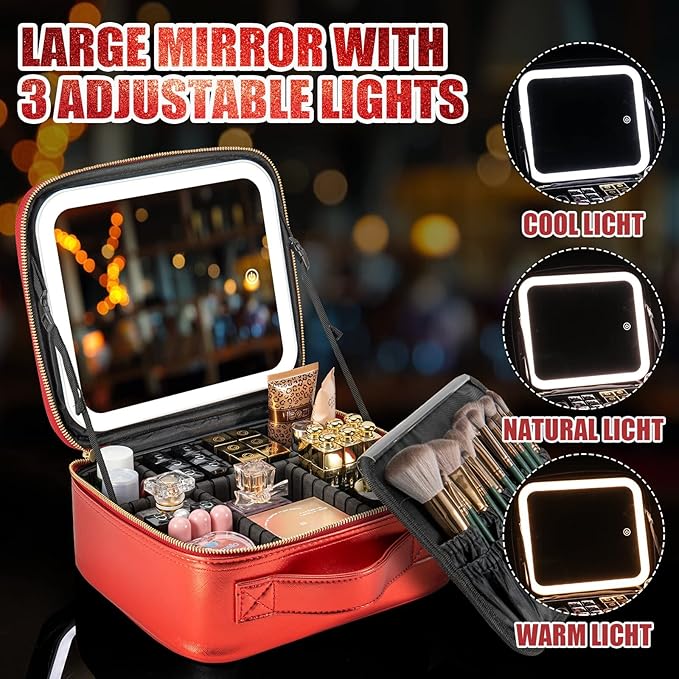 Makeup Travel Train Case with Mirror LED Light 3 Adjustable Brightness Large Cosmetic Bag Portable Storage Adjustable Partition Waterproof Brushes Make up Jewelry Gift for Women