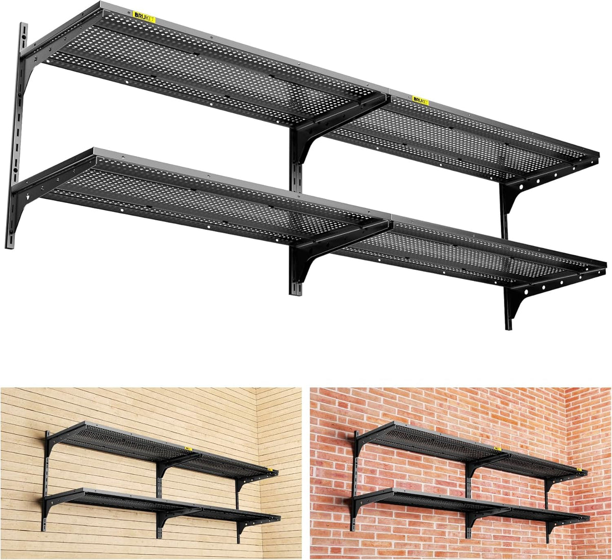 2-Pack×2 Tier 1.3x3ft Garage Shelving Wall Mounted, 800 lbs Load Capacity，15.6x36inch per Shelf Height Cassette Adjustable Floating Shelves（Total 4pcs）(Black)