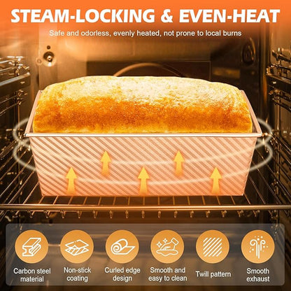 Pullman Loaf Pan with Lid + Non-Stick Meatloaf Pan with Draining Insert, Carbon Steel Bakeware with Scraper & Brush, 2LB Baking Pans for Homemade Bread & Meatloaf