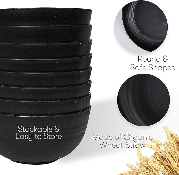 Wheat Straw Dinnerware Sets | Unbreakable Dinnerware Sets | Dishwasher Microwave Safe Dinnerware | Eco Friendly Non Breakable Dinnerware Sets | RV Outdoor Camping (Black, Service for 8 (32 pcs))