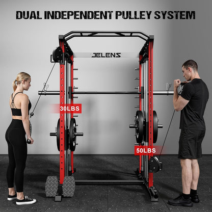 M21 Smith Machine, Multi-Function Power Cage with Dual Pulley Cable Crossover System, 2000LBS All-in-One Squat Rack with Smith Bar and Attachments