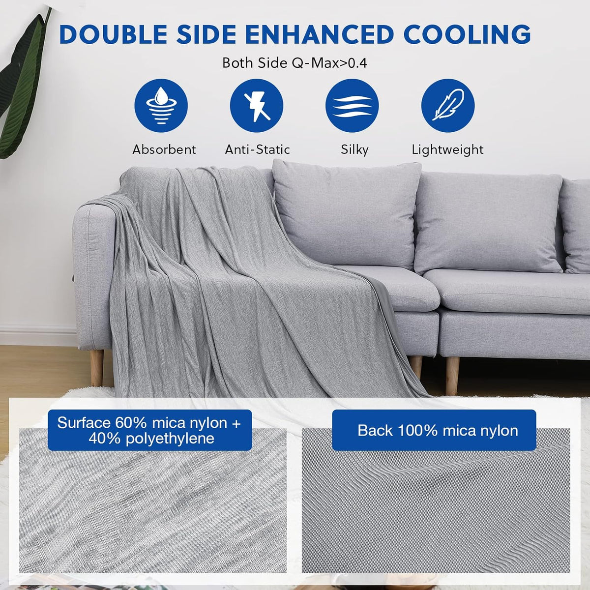 HOMFINE Cooling Blankets for Hot Sleepers - Summer Blanket Thin Lightweight Breathable Soft Double Side Enhanced Cooling for Bed Couch Sofa, Keep Cool for Night Sweats (Grey, 60 x 80 inches)