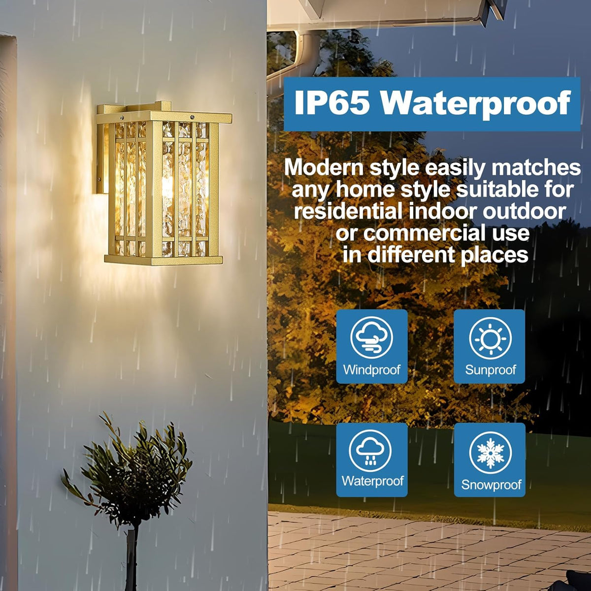 Outdoor Wall Light E26 Base Metal Frame - Gold Exterior Waterproof Lanterns with Clear Glass, Porch Wall Mount Lighting for Garage, Patio(Bulb not Included)