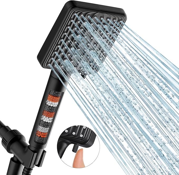 MakeFit Filtered Shower Head Black - 6 Modes High Pressure Handheld Shower Head with Filter Mineral Beads, Detachable Handheld Showerhead Set with Stainless Steel Hose and Shower Arm Bracket