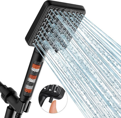 MakeFit Filtered Shower Head Black - 6 Modes High Pressure Handheld Shower Head with Filter Mineral Beads, Detachable Handheld Showerhead Set with Stainless Steel Hose and Shower Arm Bracket
