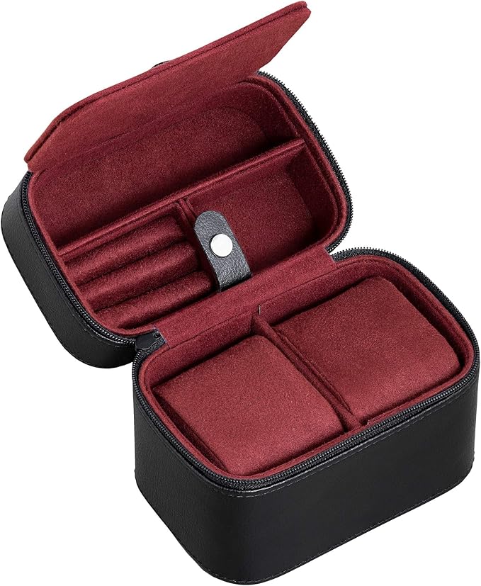 ROTHWELL 2 Watch Travel Case Storage Organizer for 2 Watches | Tough Portable Protection w/Zipper Fits All Wristwatches & Smart Watches Up to 50mm (Black/Red)