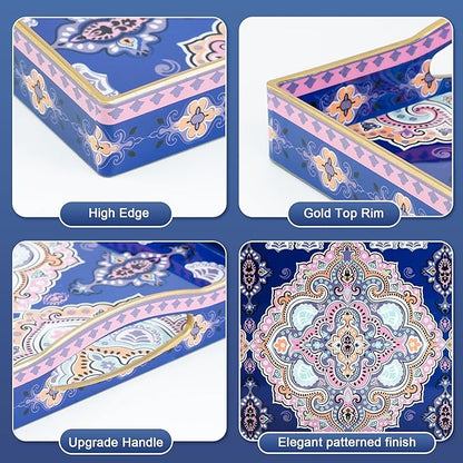 Gifturbo Serving Tray for Coffee Table, Rectangular Plastic Decorative Tray with 4 Handles for Entertaining, Outdoors, Living Room, Ottoman, Bathroom,Blue & Pink