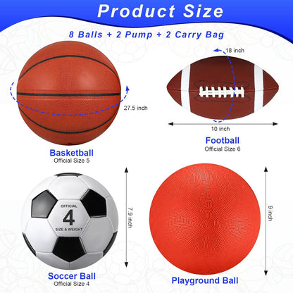 Liliful 8 Pcs Sport Balls Set with Pump Mesh Bag Gifts for Kid Teen Operation Christmas Basketball Soccer Football Playground Ball for Christian Charity Donation Student Team PE Class