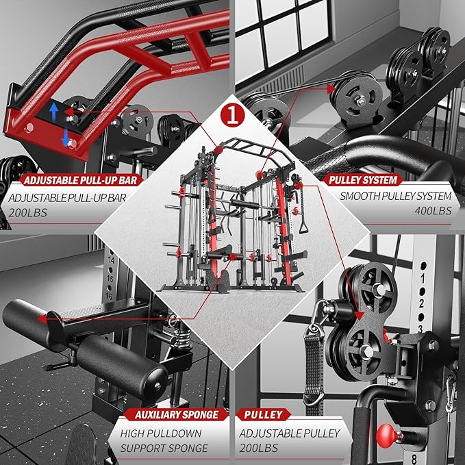 Smith Machine，Multi-Function Squat Rack Power Cage with Cable Crossover System,with Optional Weight Bench, Olympic Barbell Weight Set, for Home Gym