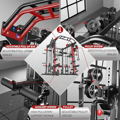 Smith Machine，Multi-Function Squat Rack Power Cage with Cable Crossover System,with Optional Weight Bench, Olympic Barbell Weight Set, for Home Gym