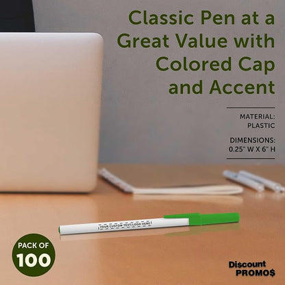 DISCOUNT PROMOS Custom Value Stick Pens Set of 100, Personalized Bulk Pack - Blue Ink, Great for Office, School, Business, Tradeshows, Events - Green Cap