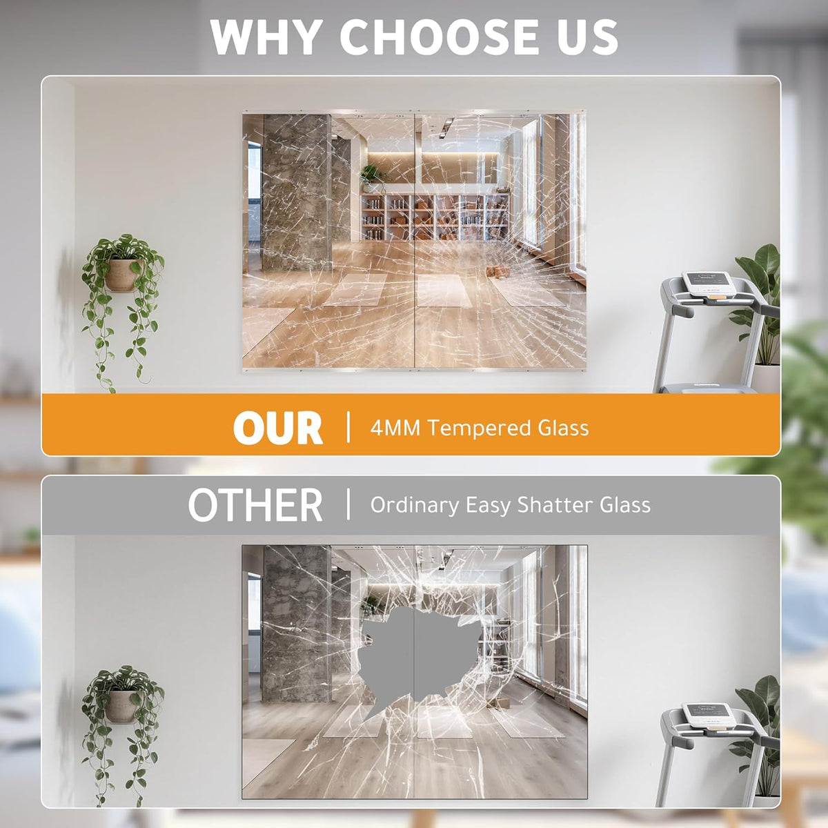 ROOMTEC Workout Mirrors for Home Gym 72"x36", Large Wall Mirror Full Length for Fitness, Yoga, Big Wall Mounted Frameless Glass Mirror for Garage, Dance Studio, Bedroom
