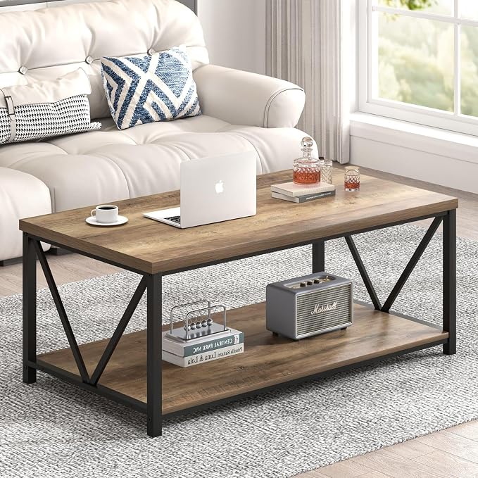 FOLUBAN Coffee Table with Storage Shelf, Modern Industrial Metal and Wood Living Room Table, Small Rectangle Cocktail Tea Table for Bedroom Home Office, Rustic Oak, 39.3 Inch