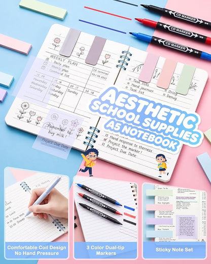 63PCS Stationery Set Aesthetic School Supplies with Pen Case & Notebook