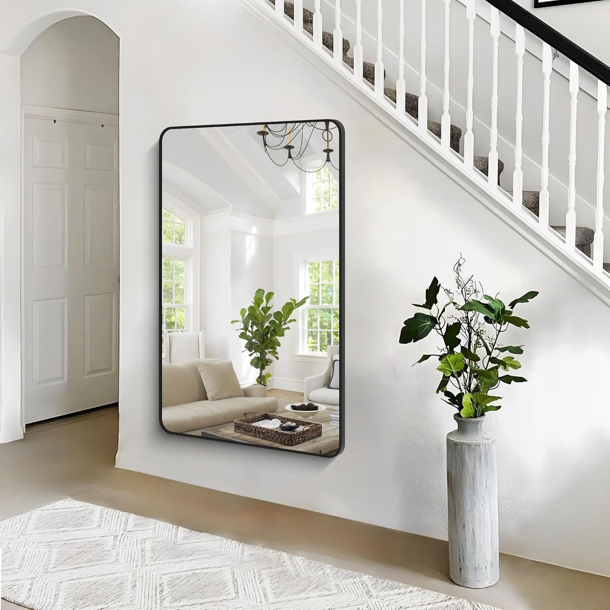 55x36 inch Bathroom Mirror,Black Rectangle Mirror,Wall Mounted Bathroom Frame Vanity Mirror with Round Corner for Bedroom Living Room, Entryway Hangs Horizontal or Vertical