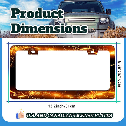 Yellow Red Thunder and Lightning License Plate Frame Fantasy Landscape License Plate Holder for Front and Rear Car Tags Stainless Steel Car Funny Decoration with Screws 6.3 X 12.2 Inch for Men Women