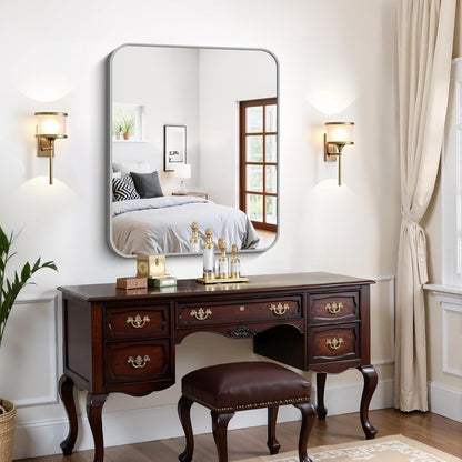 FORBATH 30x36 Inch Silver Bathroom Mirror for Over Sink, Large Rectangular Wall Mirror with Metal Frame, Rounded Corners for Bathroom, Bedroom, Entryway Decor (Horizontal or Vertical)