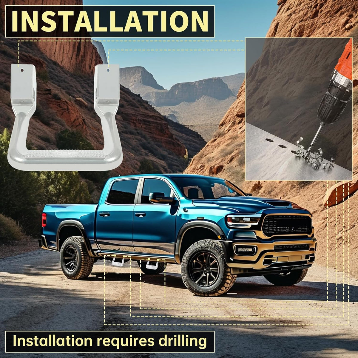 KUAFU Pair Aluminum Universal Side Step Compatible with Chevy Chevrolet GMC Ford Dodge Toyota Nissan Jeep Isuzu Mitsubishi Mazda Pickups & Trucks 2PCs Polishing Silvery