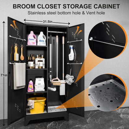 Metal Garage Storage Cabinet, Kitchen Pantry with Doors and Shelves, Broom Organizer Storage Tool Racks,Cleaning Cabinet with Stainless Steel Leak (H71* D16.53*L31.5in)