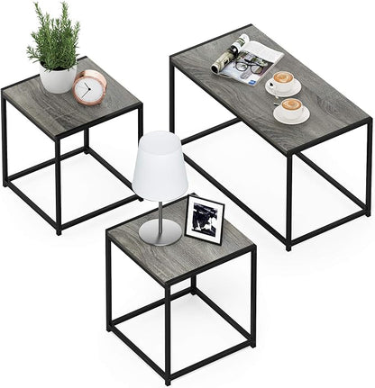 Furinno Camus Modern Living Room Coffee Table with 2 End Tables Set, French Oak Grey