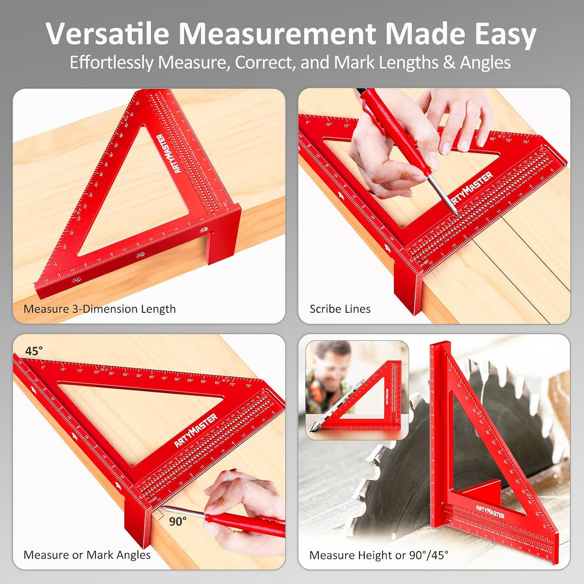 8 inch 3D Multi-Angle Measuring Square Ruler, WT103B High Precision Hole Scribing Woodworking Tools, 0-90° Aluminum Alloy Carpenter Square Wood Working Tools, Carpenter Pencils 6 Refills.