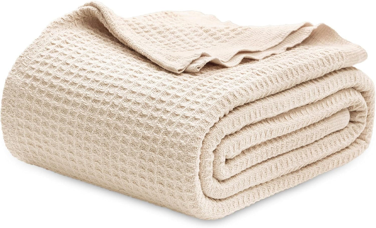 Bedsure 100% Cotton Blanket King Size for Bed - Breathable and Soft, Waffle Weave Blanket for Summer, Thick Cozy Fall Blankets for Women Gift, Yellowish Cream, 104x90 inches
