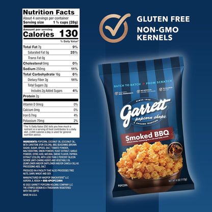 Garrett Popcorn Smoked BBQ, 4.0oz, 4 Bags, BBQ Popcorn, Gluten Free, Savory Snack, Popped Pop Corn Bags