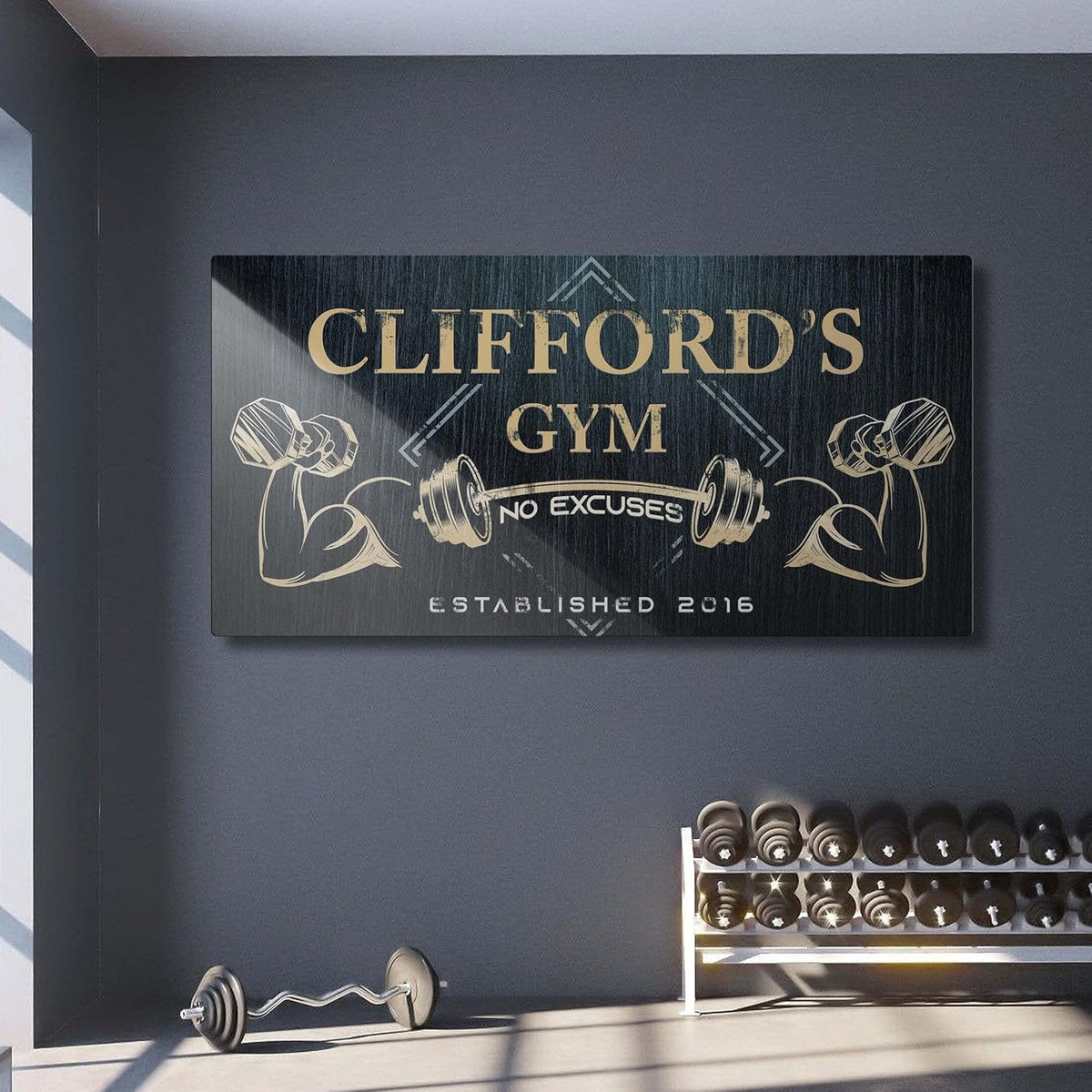 Tailored Canvases Personalized Gym Sign Wall Art Decor - Motivational Canvas for Home Gym, Workout Room, Garage, Fitness Center - Workout Inspirational Posters - Gym Name on Charcoal Background, 48x16in